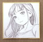  1girl absurdres bangs bare_shoulders border character_request close-up closed_mouth from_below graphite_(medium) highres light_blush light_smile long_hair looking_at_viewer looking_down monochrome murata_range shikishi shirt sleeveless sleeveless_shirt solo to-y traditional_media upper_body 