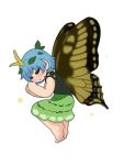  1girl aqua_hair barefoot blackbad blush bug butterfly closed_eyes dress eternity_larva eyebrows_visible_through_hair fairy full_body green_dress multicolored_clothes multicolored_dress one-hour_drawing_challenge open_mouth short_hair short_sleeves simple_background sleeping solo touhou white_background 