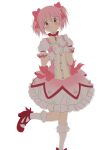  1girl absurdres blush choker dress frilled_dress frills gloves hateri high_heels highres kaname_madoka kneehighs looking_at_viewer magical_girl mahou_shoujo_madoka_magica pink_eyes pink_hair pink_ribbon puffy_sleeves red_choker red_footwear ribbon ribbon_choker short_twintails smile solo standing standing_on_one_leg twintails white_gloves 