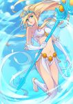  1girl artist_name bandeau bangs barefoot blonde_hair blue_eyes breasts clouds commentary_request day elbow_gloves floating gloves green_eyes holding holding_staff janna_(league_of_legends) large_breasts league_of_legends long_hair long_torso looking_at_viewer navel outdoors pointy_ears skirt solo staff vmat white_gloves white_skirt 