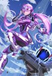  1girl :o apex_legends bangs blush bodysuit breasts cable clouds cosplay floating_hair gloves goggles hand_on_own_head head_tilt highres hololive horizon_(apex_legends) horizon_(apex_legends)_(cosplay) long_hair looking_down medium_breasts minato_aqua open_mouth overfloater_horizon purple_bodysuit purple_hair satsukl_5 sky solo very_long_hair violet_eyes virtual_youtuber 