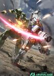  beam_saber bisected charging_forward clouds explosion fire gundam gundam_arsenal_base holding holding_sword holding_weapon mecha mobile_suit mobile_suit_gundam official_art open_hand rx-78-2 science_fiction shoulder_spikes sky spikes sword tory_youf v-fin weapon yellow_eyes zaku_ii zeon 