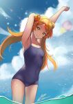  1girl arm_behind_head arm_up armpits blue_sky blue_swimsuit breasts c_(theta) closed_mouth clouds commentary_request covered_navel day highres idolmaster idolmaster_million_live! long_hair looking_at_viewer ocean oogami_tamaki orange_hair signature sky small_breasts solo sunlight swimsuit thighs water yellow_eyes 