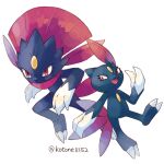  :d closed_mouth commentary_request evolutionary_line eyelashes fang highres kotone11152 no_humans open_mouth pokemon pokemon_(creature) red_eyes smile sneasel tongue twitter_username weavile white_background 