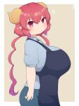  1girl apron bangs blush border breasts closed_mouth commentary_request dot_mouth dot_nose eyebrows_visible_through_hair hair_between_eyes heo_(tkgm) highres horns ilulu_(maidragon) kobayashi-san_chi_no_maidragon large_breasts long_hair looking_at_viewer looking_to_the_side multicolored_hair outline outside_border pink_hair pointy_ears red_eyes short_sleeves sidelocks simple_background slit_pupils solo twintails white_border wing_collar yellow_background 