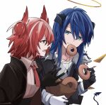  2girls animal_ears arknights asymmetrical_gloves bird_ears black_gloves black_jacket blue_eyes blue_hair demon_horns demon_tail detached_wings doughnut energy_wings eyebrows_visible_through_hair fallen_angel food food_in_mouth fur-trimmed_jacket fur_trim gloves hair_between_eyes halo hibioes highres horns jacket jewelry long_hair medium_hair mismatched_gloves mostima_(arknights) multiple_girls necklace necktie open_mouth red_eyes red_necktie redhead shirt suffering_(arknights) tail white_shirt wings 