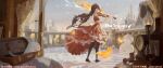  1girl bangs bare_shoulders black_footwear black_legwear brown_hair closed_mouth curtains dress full_body genshin_impact ghost grey_sky highres holding holding_instrument hu_tao_(genshin_impact) instrument long_hair looking_at_viewer outdoors red_eyes scenery short_sleeves snowing solo thigh-highs twintails violin wboss 