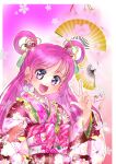  1girl :d animal_print bangs border butterfly_earrings butterfly_print cure_dream earrings eyebrows_visible_through_hair eyelashes highres japanese_clothes jewelry kimono long_hair long_sleeves looking_at_viewer manekineko5319 open_mouth outline pink_hair precure shiny shiny_hair signature smile solo tied_hair upper_body very_long_hair violet_eyes w white_border wide_sleeves yes!_precure_5 yukata 