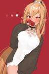  1girl blonde_hair blush breasts cardigan covering_mouth dark-skinned_female dark_skin dress heart heart_in_eye highres hololive large_breasts pointy_ears ponytail red_background red_eyes shiranui_flare sleeves_past_wrists symbol_in_eye valentine virtual_youtuber white_dress 