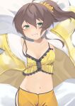  1girl 345_myk absurdres ahoge aqua_eyes blush brown_hair collarbone dolphin_shorts eyebrows_visible_through_hair grin highres hololive jacket lying medium_hair midriff natsuiro_matsuri navel on_back scrunchie shorts side_ponytail sleepwear smile virtual_youtuber 