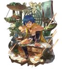  1boy balance_scale barefoot blue_hair book character_request child commentary_request copyright_request hanging_plant holding leaf looking_down male_focus mercstoria open_book plant potted_plant short_hair shorts sitting solo_focus weighing_scale 