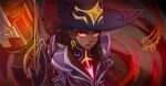  1girl artist_name bangs black_headwear braid brown_background brown_hair closed_mouth dark-skinned_female dark_skin earrings gun hand_up high_noon_senna holding holding_gun holding_weapon jacket jewelry league_of_legends long_hair orange_eyes purple_jacket red_background red_headwear senna_(league_of_legends) solo two-sided_fabric two-sided_headwear vmat weapon 