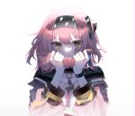  1girl animal_ears arknights bangs black_bow black_hairband bow braid brown_eyes cat_ears collar crying crying_with_eyes_open eyebrows_visible_through_hair goldenglow_(arknights) hair_bow hairband highres holding holding_hair jacket lightning_bolt_print long_hair long_sleeves looking_at_viewer open_clothes open_jacket pink_jacket shirt shiyimia simple_background single_braid solo tears upper_body white_background white_shirt 