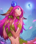  1girl artist_name bangs bare_shoulders blue_eyes blue_flower centaur commentary_request day detached_sleeves fairy flower hair_flower hair_ornament league_of_legends lillia_(league_of_legends) long_hair looking_at_another looking_to_the_side navel outdoors petals pink_hair solo taur vmat 