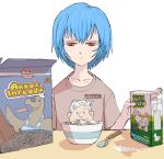  1girl :| absurdres andres_manuel_lopez_obrador ayanami_rei bangs beige_shirt blue_hair bowl breakfast casual cereal cereal_box closed_mouth eating furrowed_brow hair_between_eyes half-closed_eyes hand_up highres holding holding_carton indoors jaggy_lines light_blush light_frown looking_at_viewer milk milk_carton neon_genesis_evangelion pantsu-ripper politician politics print_shirt product_placement real_life real_life_insert red_eyes sad shade shirt short_hair short_sleeves solo spanish_text spill spoon straight-on t-shirt table upper_body white_background 