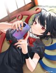  1girl :3 asymmetrical_wings bangs black_dress black_hair blurry bow bowtie breasts cellphone closed_mouth depth_of_field dress dutch_angle eyebrows_visible_through_hair frills half-closed_eyes highres holding holding_phone houjuu_nue indoors light_smile long_hair lying makita_(vector1525) nail_polish on_back phone red_bow red_bowtie red_eyes red_nails short_sleeves small_breasts smartphone solo swept_bangs tatami touhou upper_body wings wrist_cuffs 