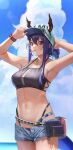  1girl adjusting_clothes adjusting_headwear arknights arm_up armpits bangs bare_arms bare_shoulders baseball_cap belt belt_pouch bikini black_bikini blue_shorts blue_sky blush bracelet breasts ch&#039;en_(arknights) clouds commentary_request cowboy_shot day dragon_girl dragon_horns dragon_tail eyebrows_visible_through_hair female_tourist_c_(arknights) hair_between_eyes hat highres horns horns_through_headwear jewelry large_breasts long_hair looking_at_viewer mouth_hold navel open_fly outdoors ponytail popsicle_stick pouch red_eyes short_shorts shorts sidelocks sky solo stomach swimsuit tail unbuttoned white_headwear 