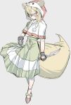 1girl absurdres animal_ears animal_hood bangs blonde_hair braid capelet closed_mouth commentary fake_animal_ears fingerless_gloves fox_tail full_body gloves green_skirt hair_between_eyes high-waist_skirt highres holding holding_knife hololive hood kakult2017 knife long_skirt looking_at_viewer multicolored_hair omaru_polka pink_eyes pink_hair shoes simple_background skirt solo streaked_hair symbol-only_commentary tail virtual_youtuber white_capelet