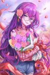  1girl absurdres alchemilla_menace blush bouquet cyberlive english_commentary flower glasses highres long_hair lunarisbloom petals pink_sweater purple_hair rose rose_petals shorts smile solo sweater valentine violet_eyes virtual_youtuber 
