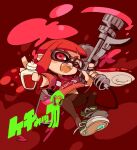  1girl blush_stickers domino_mask fangs full_body inkling leggings long_hair looking_at_viewer mask mota one_eye_closed open_mouth pointy_ears red_eyes redhead smile solo splatoon_(series) super_soaker tentacle_hair 