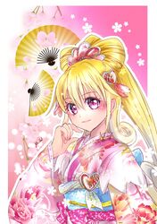  1girl bangs blonde_hair border closed_mouth cure_heart dokidoki!_precure earrings eyebrows_visible_through_hair floral_print hair_between_eyes hair_ornament heart heart_hair_ornament highres japanese_clothes jewelry kimono long_hair long_sleeves manekineko5319 obi outline pink_eyes ponytail precure print_kimono sash shiny shiny_hair solo upper_body white_border yukata 