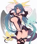  1girl :d angel_wings armpits arms_up asymmetrical_wings bare_shoulders black_legwear blue_hair breasts center_opening choker dizzy_(guilty_gear) eyebrows_visible_through_hair guilty_gear guilty_gear_x guilty_gear_xx hair_ribbon highres large_breasts long_hair looking_at_viewer monster_girl navel oro_(sumakaita) red_eyes ribbon simple_background smile solo stomach tail tail_ornament tail_ribbon thigh-highs thighs twintails white_background wings yellow_ribbon 