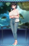  1girl absurdres aqua_eyes bag black_hair blue_pants blurry blurry_background blush breasts closed_mouth denim full_body glasses handbag high_heels highres jeans large_breasts long_hair looking_at_viewer original osisio pants shirt shirt_tucked_in short_sleeves smile solo standing white_footwear white_shirt 