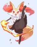  1girl :3 animal_ear_fluff animal_ears animal_feet animal_hands animal_nose arm_up black_fur blue_background blush body_fur braixen commentary_request fang fire fox_ears fox_girl fox_tail fur_collar furry furry_female hand_up happy heart heart_in_mouth highres holding holding_stick kneepits leg_up looking_at_viewer mizone open_mouth pawpads pokemon pokemon_(creature) red_eyes simple_background skin_fang smile solo split spread_legs standing standing_on_one_leg standing_split stick tail white_fur yellow_fur 