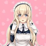  1girl alternate_costume apron black_dress blonde_hair blue_eyes bow bowtie braid breasts collared_dress cowboy_shot dress enmaided eyebrows_visible_through_hair french_braid frilled_apron frilled_dress frills gloves hair_between_eyes heart heart_background kantai_collection large_breasts long_hair long_sleeves looking_at_viewer maid maid_apron maid_headdress pink_background puffy_long_sleeves puffy_sleeves solo tk8d32 waist_apron warspite_(kancolle) white_apron white_bow white_gloves wrist_cuffs 