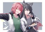  2girls animal_ear_fluff animal_ears arknights black_gloves black_hair chinese_commentary commentary_request detached_wings dog_tags ear_piercing eating energy_wings exusiai_(arknights) fingerless_gloves food gloves gradient_hair green_shirt grey_shirt halo hibioes holding holding_plate jacket jewelry multicolored_hair multiple_girls necklace open_clothes open_jacket open_mouth piercing plate pocky raglan_sleeves red_eyes redhead shirt short_hair teeth texas_(arknights) white_jacket wings wolf_ears yellow_eyes 