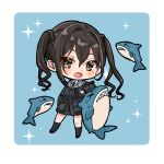  1girl bangs black_legwear brown_eyes brown_hair chibi highres idolmaster idolmaster_cinderella_girls jacket mole mole_under_eye necktie open_mouth rino_cnc shark sharp_teeth skirt sparkle sunazuka_akira teeth twintails uniform 