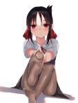  bad_id bad_pixiv_id black_hair blush eyebrows_visible_through_hair feet forehead hair_ribbon highres kaguya-sama_wa_kokurasetai_~tensai-tachi_no_renai_zunousen~ pantyhose red_eyes ribbon school_uniform shinomiya_kaguya sitting tenpura_noraneko white_background 