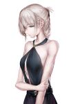  1girl absurdres an-94_(girls&#039;_frontline) an-94_(silent_rouge)_(girls&#039;_frontline) aqua_eyes bangs bare_shoulders black_dress blonde_hair breasts closed_mouth collarbone crossed_arms dress earrings eyebrows_visible_through_hair girls_frontline hair_between_eyes hair_ornament highres jewelry lips long_hair looking_to_the_side nose official_alternate_costume small_breasts solo standing white_background xuanren69 