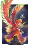 1girl adapted_costume dress highres ho-oh kantarou_(8kan) personification pokemon pokemon_(game) pokemon_gsc rainbow_wing_(pokemon) rainbow_wings red_eyes redhead sky solo star_(sky) starry_background starry_sky wings 