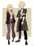  1boy 1girl ahoge bangs blonde_hair border braid brother_and_sister brown_coat brown_pants closed_mouth coat eyelashes full_body gladion_(pokemon) green_eyes hair_over_one_eye highres jacket lillie_(pokemon) long_hair open_clothes open_jacket outside_border pants pokemon pokemon_(game) pokemon_sm shoes siblings signature smile standing sweater tere_asahi twin_braids white_border 