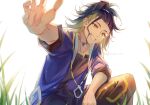  1boy adaman_(pokemon) bangs blurry brown_eyes collar collarbone commentary_request eyebrow_cut from_below grass green_hair grin highres looking_at_viewer male_focus multicolored_hair outstretched_hand pokemon pokemon_(game) pokemon_legends:_arceus smile solo somnia teeth tied_hair twitter_username 