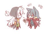  1boy 1girl ? animal_ears arknights chibi fang food genshin_impact grey_hair highres hood long_hair meat open_mouth projekt_red_(arknights) razor_(genshin_impact) tail tail_wagging white_background white_hair wolf_boy wolf_ears wolf_girl yorinflo 