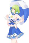  1girl ascot blue_sailor_collar blue_shirt blue_skirt blue_umbrella cheerleader cowboy_shot crop_top green_hair hand_on_hip holding holding_umbrella kazami_yuuka looking_at_viewer midriff multicolored_shirt official_alternate_costume open_mouth parasol red_eyes sailor_collar shirt short_hair simple_background skirt sleeveless sleeveless_shirt tohoyuukarin touhou umbrella white_background white_shirt white_umbrella yellow_ascot 