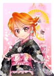  1girl adapted_costume bangs black_kimono border brown_eyes closed_mouth earrings eyebrows_visible_through_hair floral_print futari_wa_precure hair_between_eyes heart heart_earrings highres japanese_clothes jewelry kimono looking_at_viewer manekineko5319 misumi_nagisa obi orange_hair outline precure print_kimono sash short_hair signature smile solo upper_body white_border yukata 