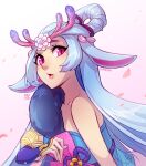  1girl antlers artist_name bangs collarbone detached_sleeves flower from_side fur_trim gradient gradient_background green_hair grey_background hair_flower hair_ornament hair_rings league_of_legends lillia_(league_of_legends) long_hair looking_at_viewer navel open_mouth pink_eyes shiny shiny_hair single_bare_shoulder spirit_blossom_lillia upper_body vmat white_flower 