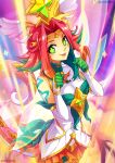  1girl artist_name bangs bare_shoulders breasts elbow_gloves gloves green_eyes green_hair hair_ornament league_of_legends looking_at_viewer medium_breasts multicolored_background multicolored_hair neeko_(league_of_legends) parted_bangs redhead shiny shiny_hair smile solo star_(symbol) star_guardian_(league_of_legends) star_guardian_neeko tail tongue tongue_out vastaya vmat white_gloves 