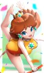  1girl :d bangs barefoot blue_eyes breasts brown_hair commentary_request crown earrings flower_earrings gonzarez jewelry leotard looking_at_viewer mario_&amp;_sonic_at_the_olympic_games mario_&amp;_sonic_at_the_rio_2016_olympic_games medium_breasts open_mouth princess_daisy smile solo 