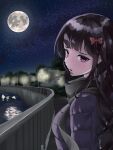  1girl bow brown_hair coat duffel_coat earrings ears_visible_through_hair hair_bow highres hoop_earrings jewelry lamppost long_hair looking_at_viewer moon open_mouth original scarf sky solo star_(sky) starry_sky tobee tree very_long_hair violet_eyes water winter_clothes 