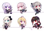  6+girls :d :o absurdres ahoge akamatsu_kaede bangs black_bow black_footwear black_jacket black_ribbon black_skirt blonde_hair blunt_bangs blush_stickers bow braid breasts brown_hair brown_skirt character_doll chibi commentary_request danganronpa:_trigger_happy_havoc danganronpa_(series) danganronpa_2:_goodbye_despair danganronpa_v3:_killing_harmony dress dudeoji_(dotheg_ansoni) eyebrows_visible_through_hair galaga glasses green_dress grey_skirt hair_bow hair_ornament hair_ribbon harukawa_maki highres hinata_hajime jacket kirigiri_kyouko kneehighs kuzuryuu_fuyuhiko long_hair long_sleeves looking_at_viewer mole mole_under_eye momota_kaito multiple_girls musical_note musical_note_hair_ornament naegi_makoto nanami_chiaki necktie open_clothes open_jacket open_mouth pantyhose pekoyama_peko pink_eyes pink_vest pleated_skirt pout puffy_short_sleeves puffy_sleeves purple_legwear red_eyes red_footwear red_shirt ribbon saihara_shuuichi school_uniform shirt short_sleeves skirt smile sonia_nevermind sweater_vest tanaka_gandamu teeth thigh-highs twin_braids upper_teeth vest wavy_mouth white_ribbon white_shirt 