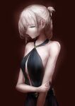  1girl absurdres an-94_(girls&#039;_frontline) an-94_(silent_rouge)_(girls&#039;_frontline) aqua_eyes bangs bare_shoulders black_dress blonde_hair breasts closed_mouth collarbone crossed_arms dress earrings eyebrows_visible_through_hair girls_frontline hair_between_eyes hair_ornament highres jewelry lips long_hair looking_to_the_side nose official_alternate_costume red_background small_breasts solo standing xuanren69 