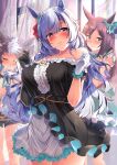  3girls animal_ears bangs bare_shoulders blue_hair blush breasts brown_hair collarbone dress highres horse_ears horse_girl horse_tail kawai large_breasts looking_at_viewer mejiro_ardan_(umamusume) mejiro_dober_(umamusume) mejiro_ryan_(umamusume) multiple_girls smile tail thighs umamusume violet_eyes 