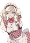  1girl alternate_costume apron blonde_hair blue_eyes bow enmaided frilled_apron frills highres long_hair maid maid_apron maid_headdress one_eye_closed persona persona_5 puffy_short_sleeves puffy_sleeves red_bow sabakawa short_sleeves smile solo takamaki_anne twintails waist_apron white_apron 