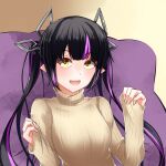  1girl alternate_costume bangs black_hair blunt_bangs blush breasts brown_sweater commentary_request dameyoshi demon_girl demon_horns eyebrows_visible_through_hair highres horns kojo_anna long_hair long_sleeves looking_at_viewer medium_breasts multicolored_hair open_mouth pointy_ears purple_hair sleeves_past_wrists smile solo sugar_lyric sweater twintails two-tone_hair upper_body virtual_youtuber yellow_eyes 