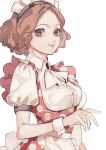  1girl alternate_costume apron brown_eyes brown_hair enmaided frilled_apron frills highres looking_at_viewer maid maid_apron maid_headdress okumura_haru persona persona_5 puffy_short_sleeves puffy_sleeves sabakawa short_hair short_sleeves smile solo waist_apron white_apron wrist_cuffs 