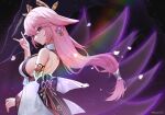  1girl bare_shoulders breasts fox_tail from_side genshin_impact hair_between_eyes hair_ornament half-closed_eyes highres japanese_clothes large_breasts long_hair long_sleeves looking_at_viewer miko multiple_tails nassss petals pink_hair purple_background sideboob simple_background smile tail wide_sleeves yae_miko 